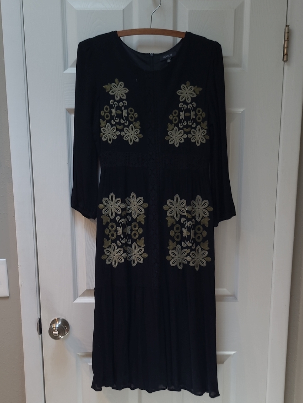 Roolee Black 3/4 Sleeve Embroidered Floral Midi Dress